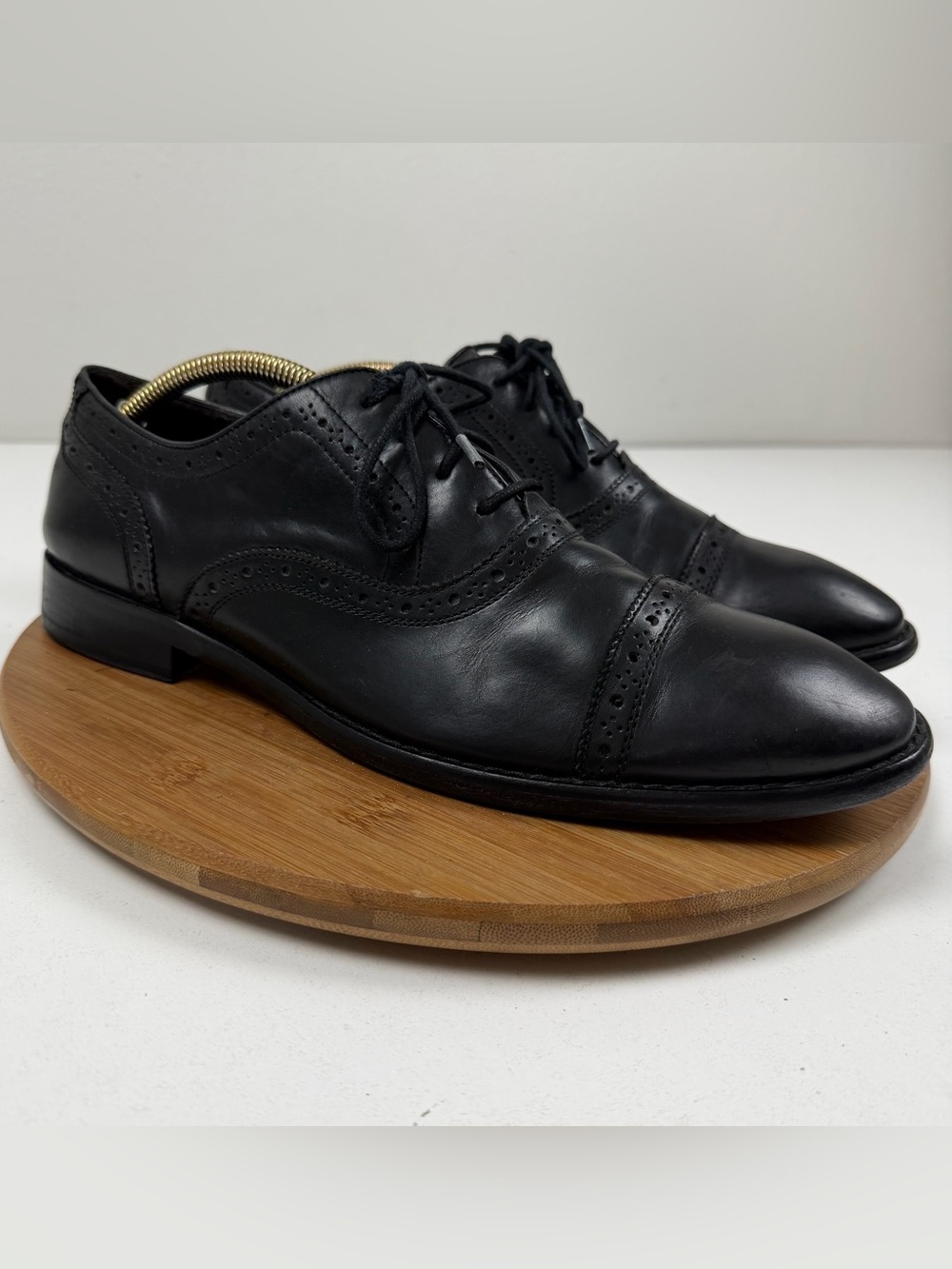 John Varvatos Black Leather Cap-Toe Oxfords